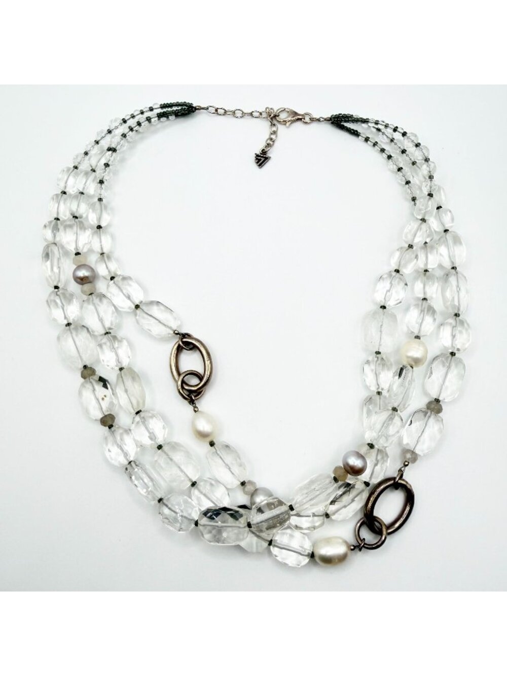 Retired Silpada 3 Strand 925 Sterling Silver Necklace With Pearls & Crystal Acce